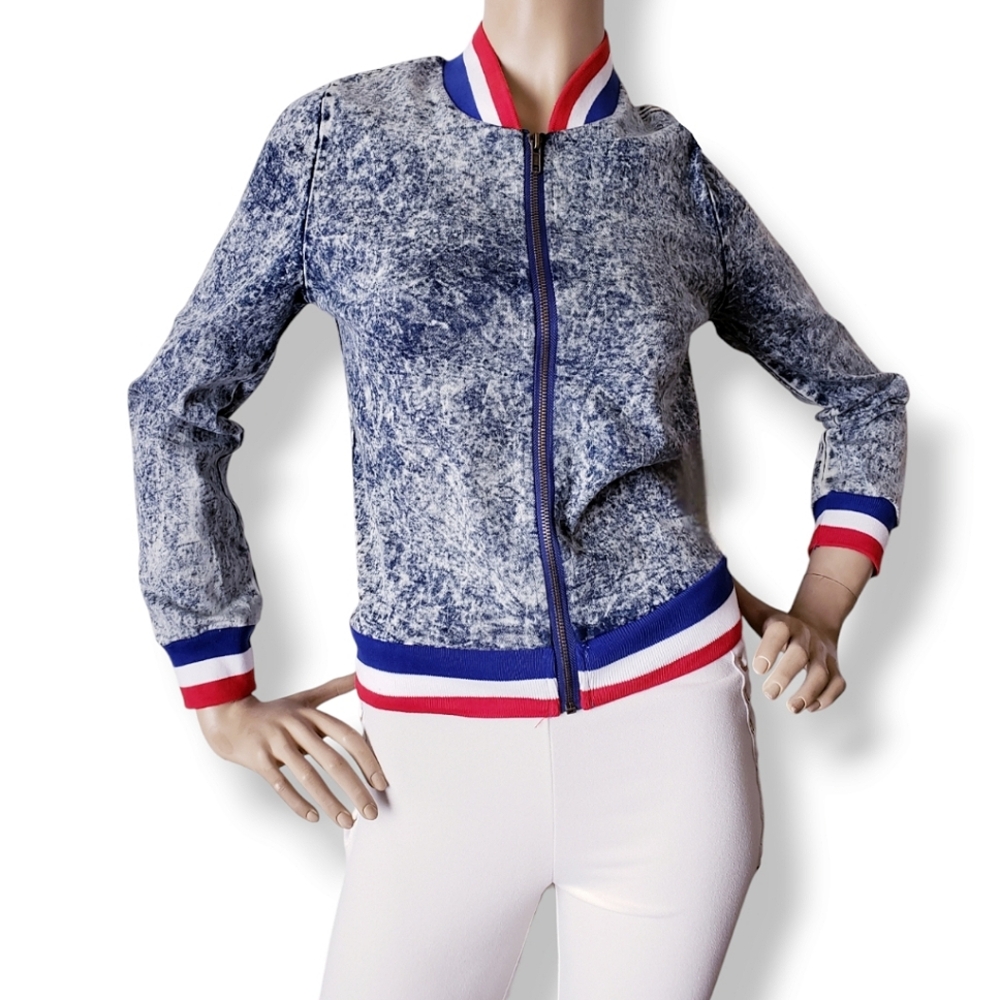 80's Style Acid Wash Denim Bomber Jacket with Red, White & Blue Trim Size Small